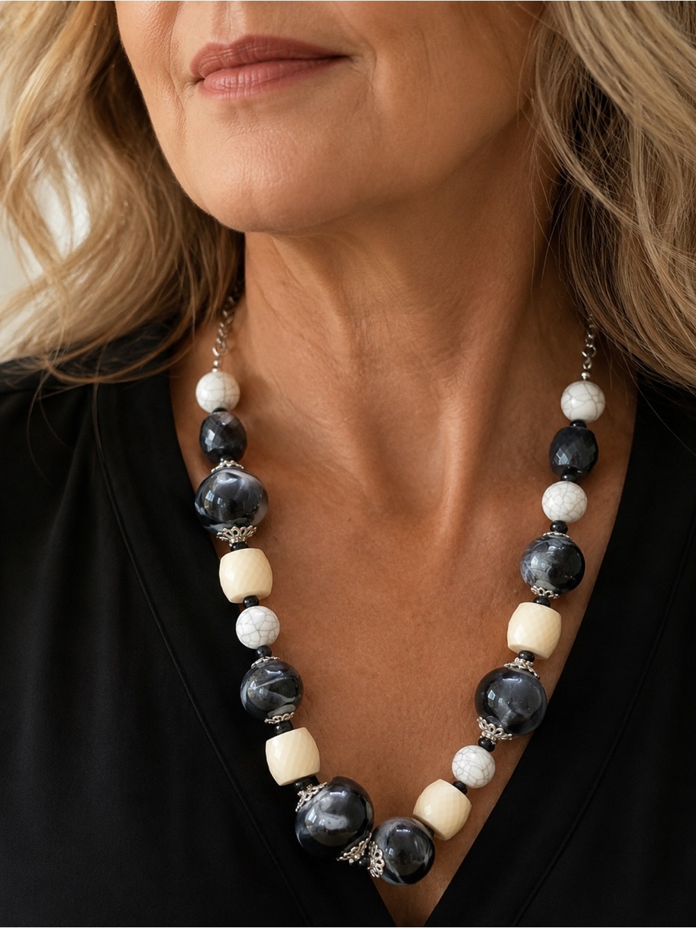 Beaded Black and Cream Statement Necklace